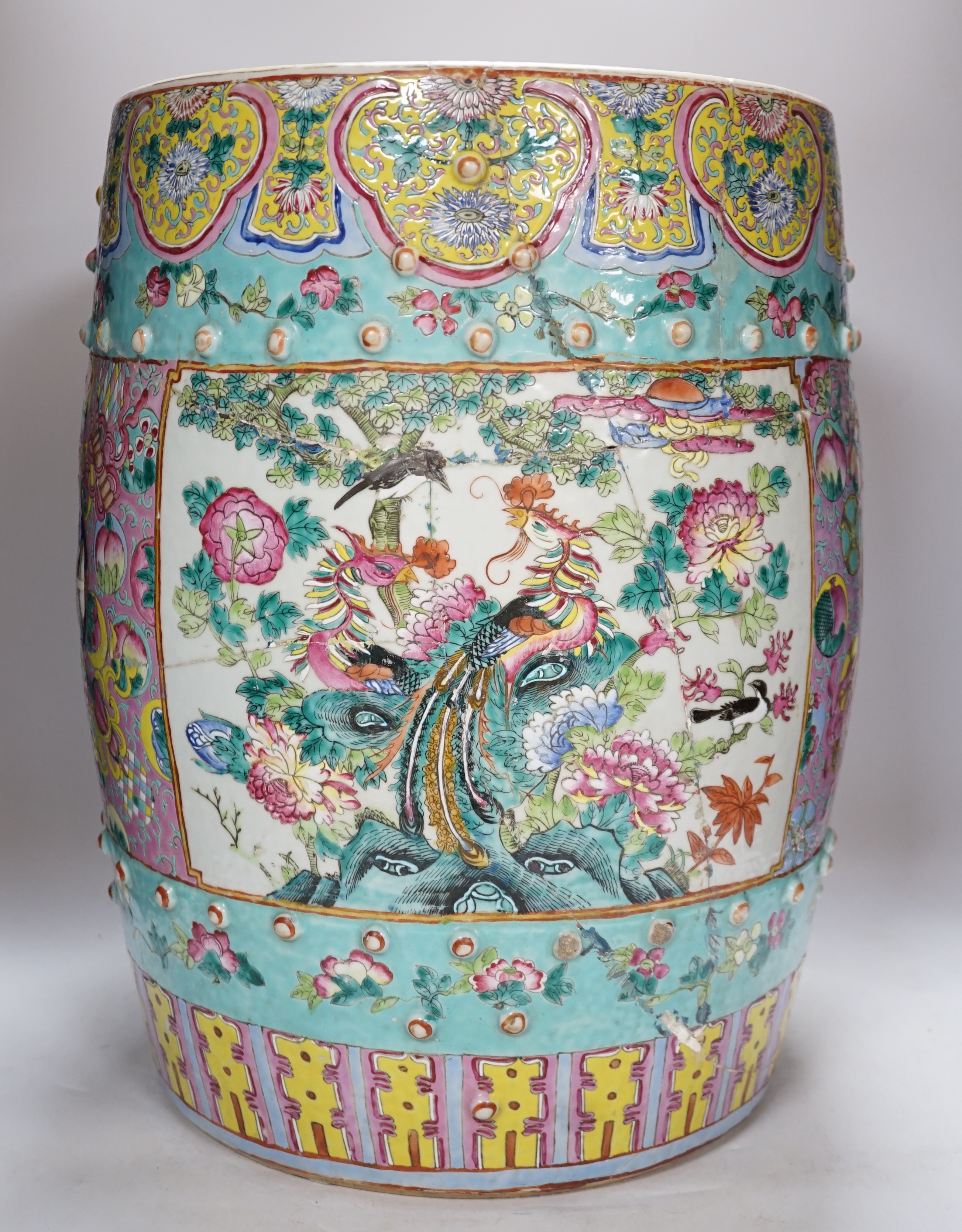 A 19th century Chinese Canton decorated famille rose garden seat (restored), 46cm high
